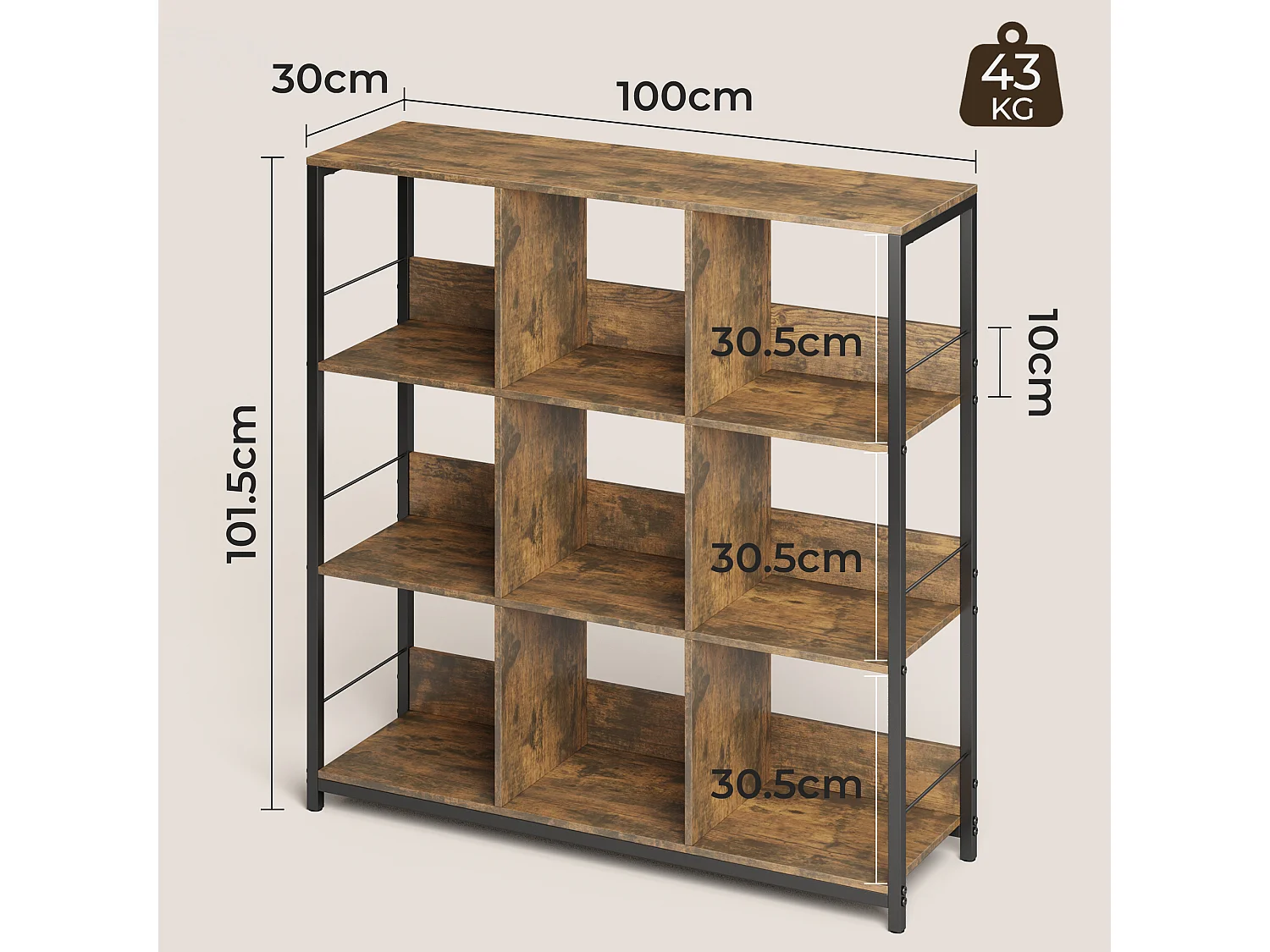 Bibliothèque Séparation 9 Cases Imitation Chêne Et Acier Marron