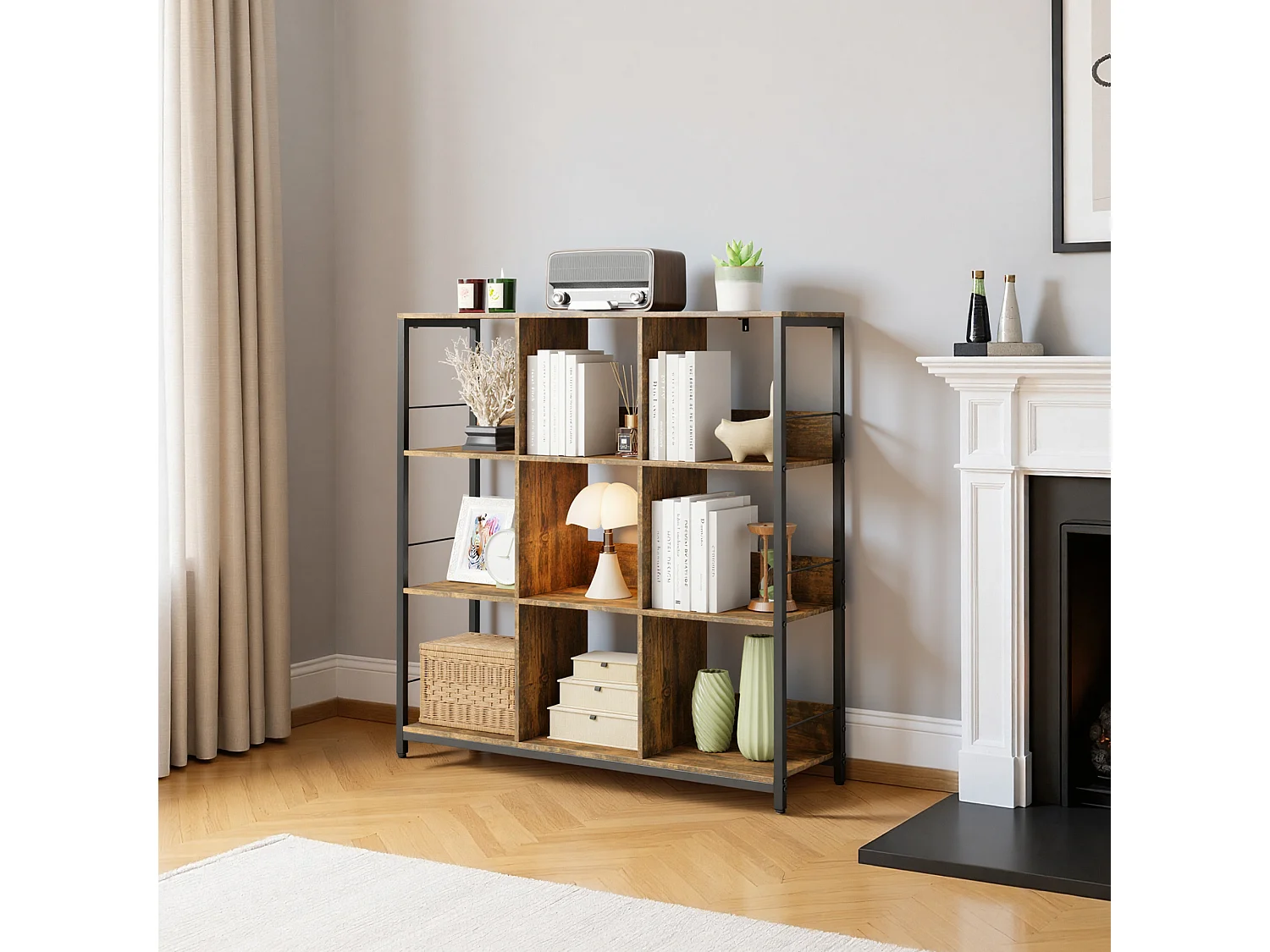 Bibliothèque Séparation 9 Cases Imitation Chêne Et Acier Marron