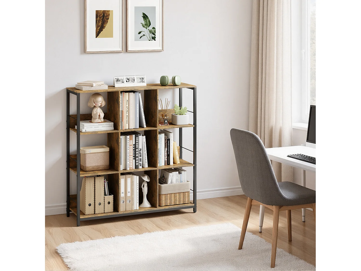 Bibliothèque Séparation 9 Cases Imitation Chêne Et Acier Marron