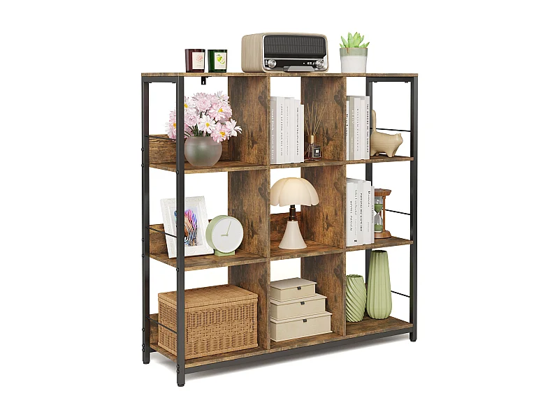 Bibliothèque Séparation 9 Cases Imitation Chêne Et Acier Marron