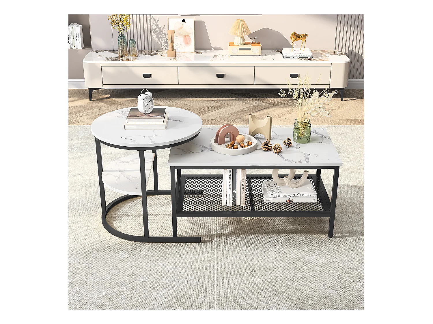 Tables Basses Gigognes Lot de 2, Table Gigogne Design Marbre, Cadre en Métal Noir