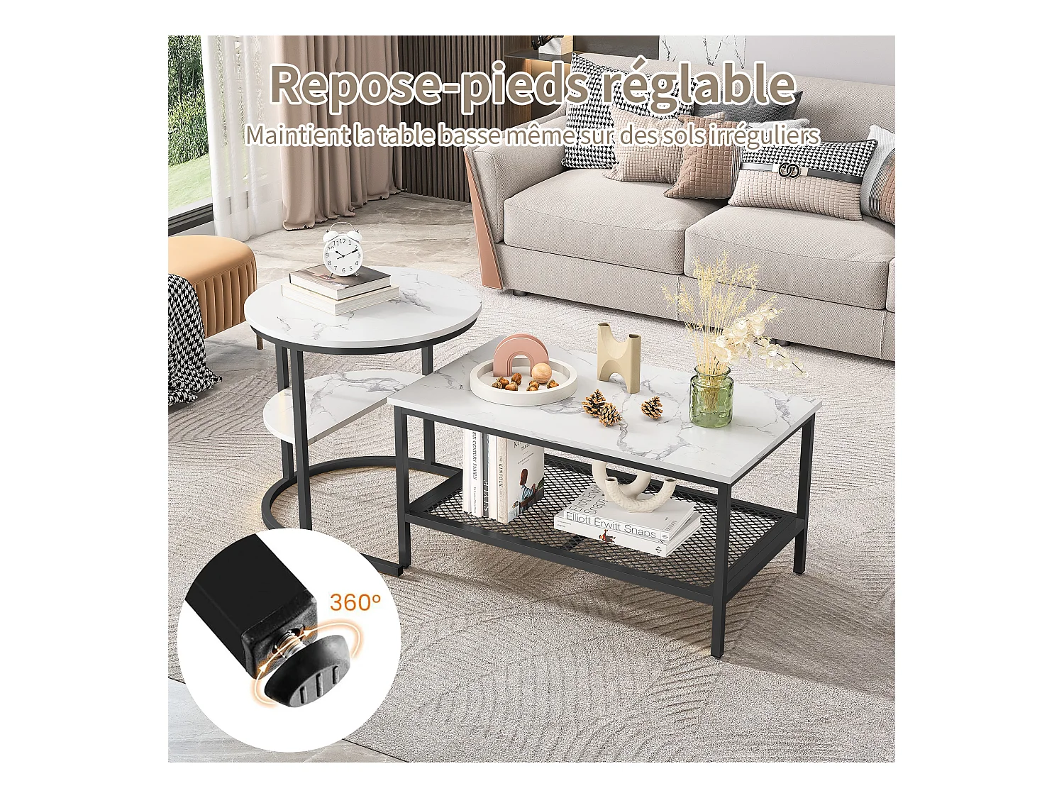 Tables Basses Gigognes Lot de 2, Table Gigogne Design Marbre, Cadre en Métal Noir