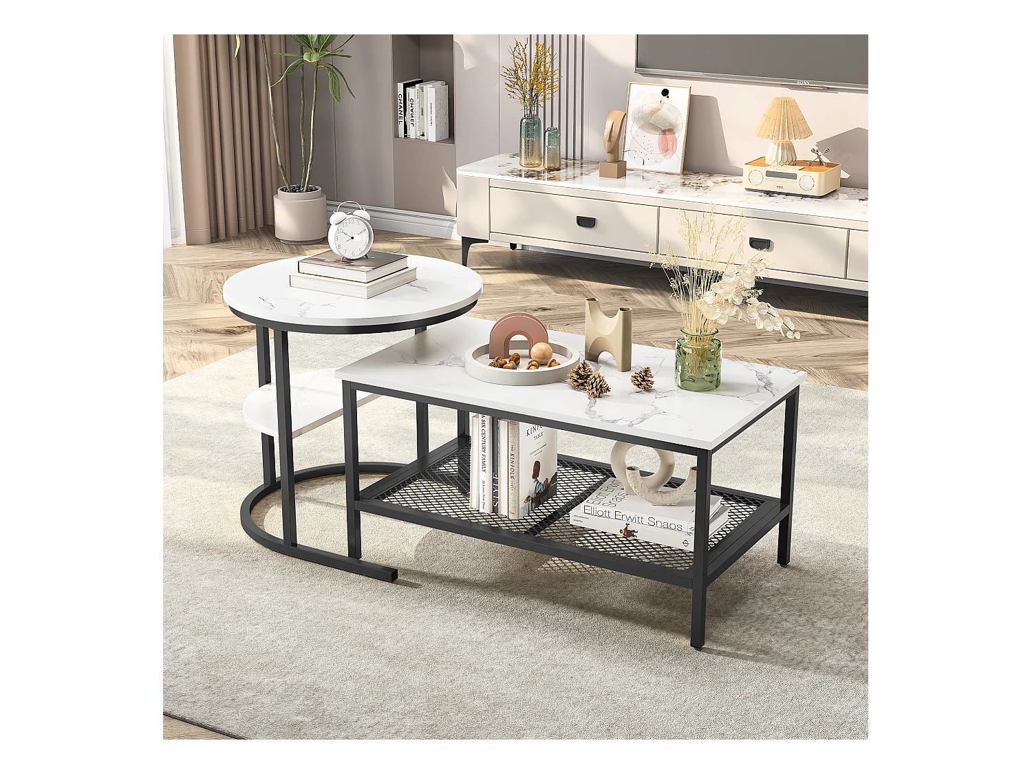 Set van 2 bijzettafels met marmerdesign, bijzettafel met zwart metalen frame
