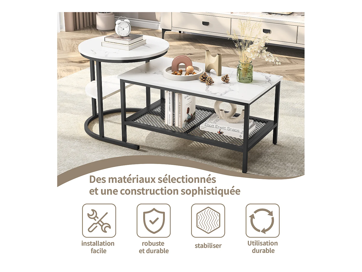 Satztische, 2er-Set, Satztisch im Marmordesign, schwarzer Metallrahmen