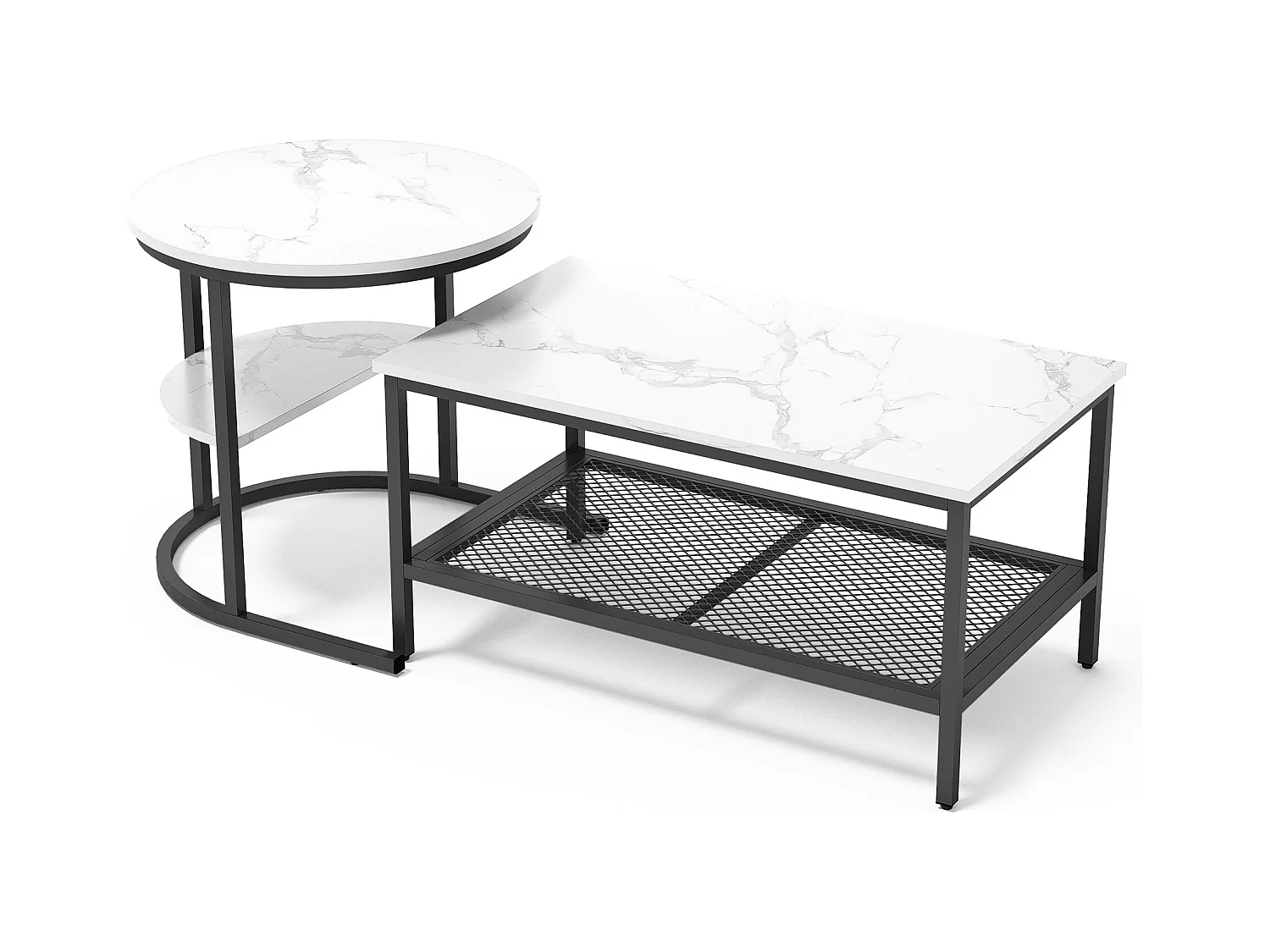 Satztische, 2er-Set, Satztisch im Marmordesign, schwarzer Metallrahmen