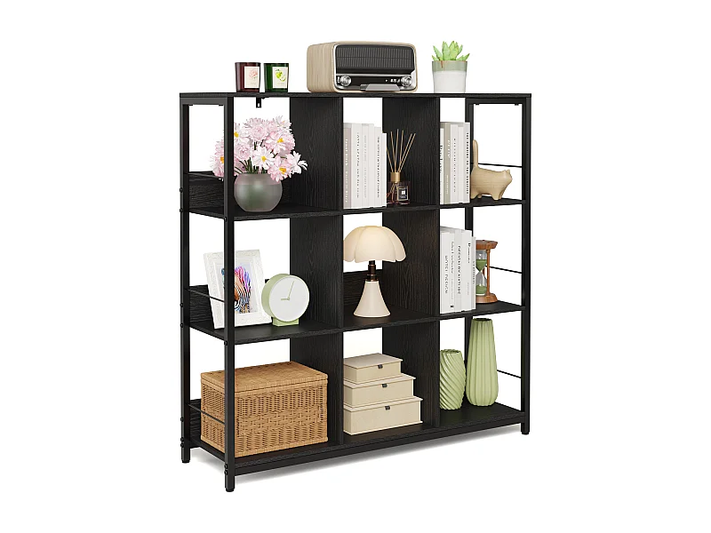 Bibliothèque Séparation 9 Cases Imitation Chêne Et Acier Noir