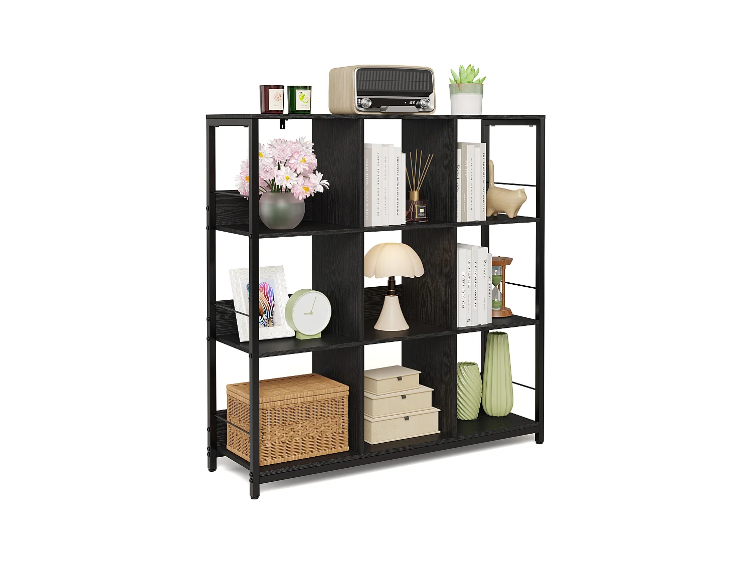 Bibliothèque Séparation 9 Cases Imitation Chêne Et Acier Noir