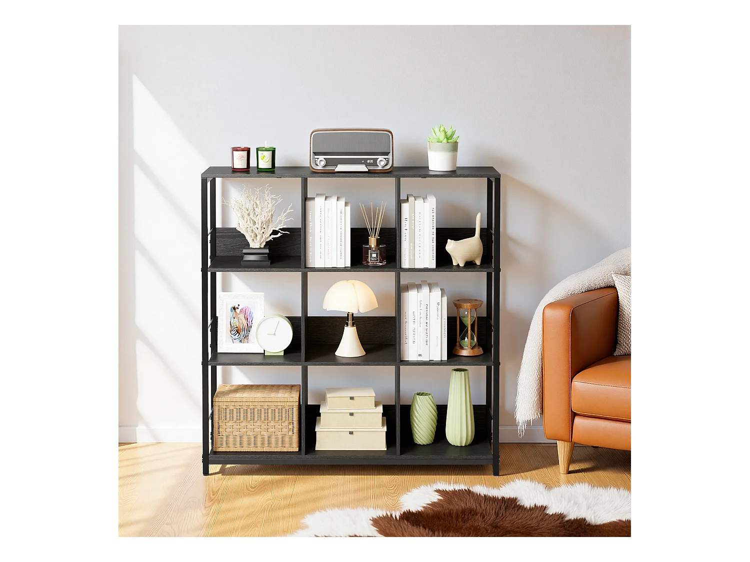 Bibliothèque Séparation 9 Cases Imitation Chêne Et Acier Noir