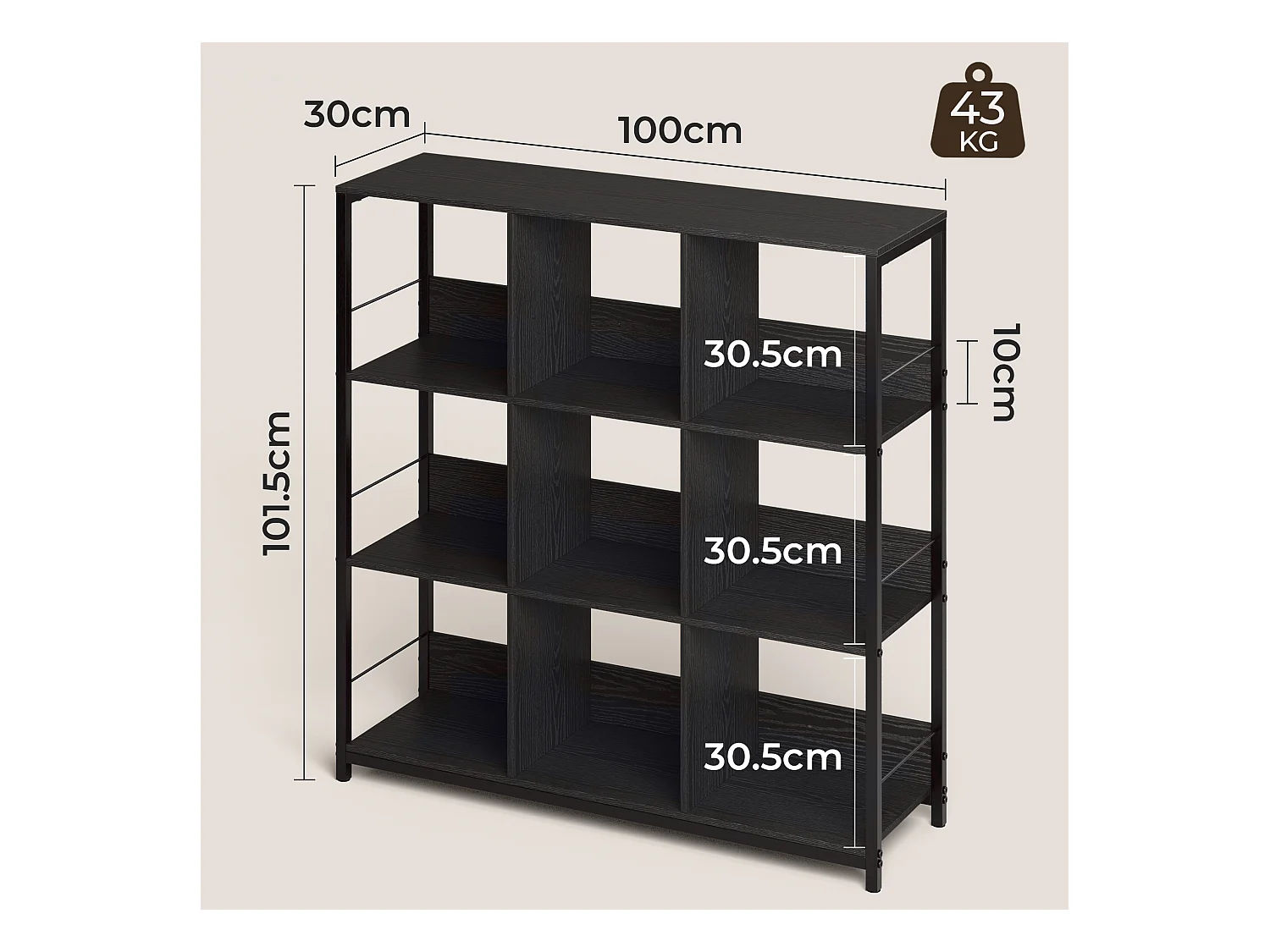 Bibliothèque Séparation 9 Cases Imitation Chêne Et Acier Noir