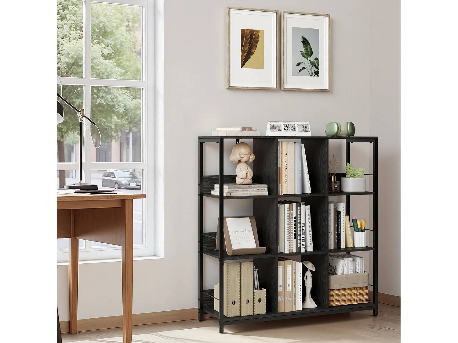 Bibliothèque Séparation 9 Cases Imitation Chêne Et Acier Noir