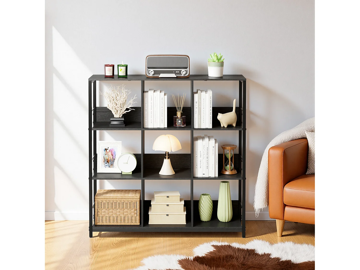 Bibliothèque Séparation 9 Cases Imitation Chêne Et Acier Noir