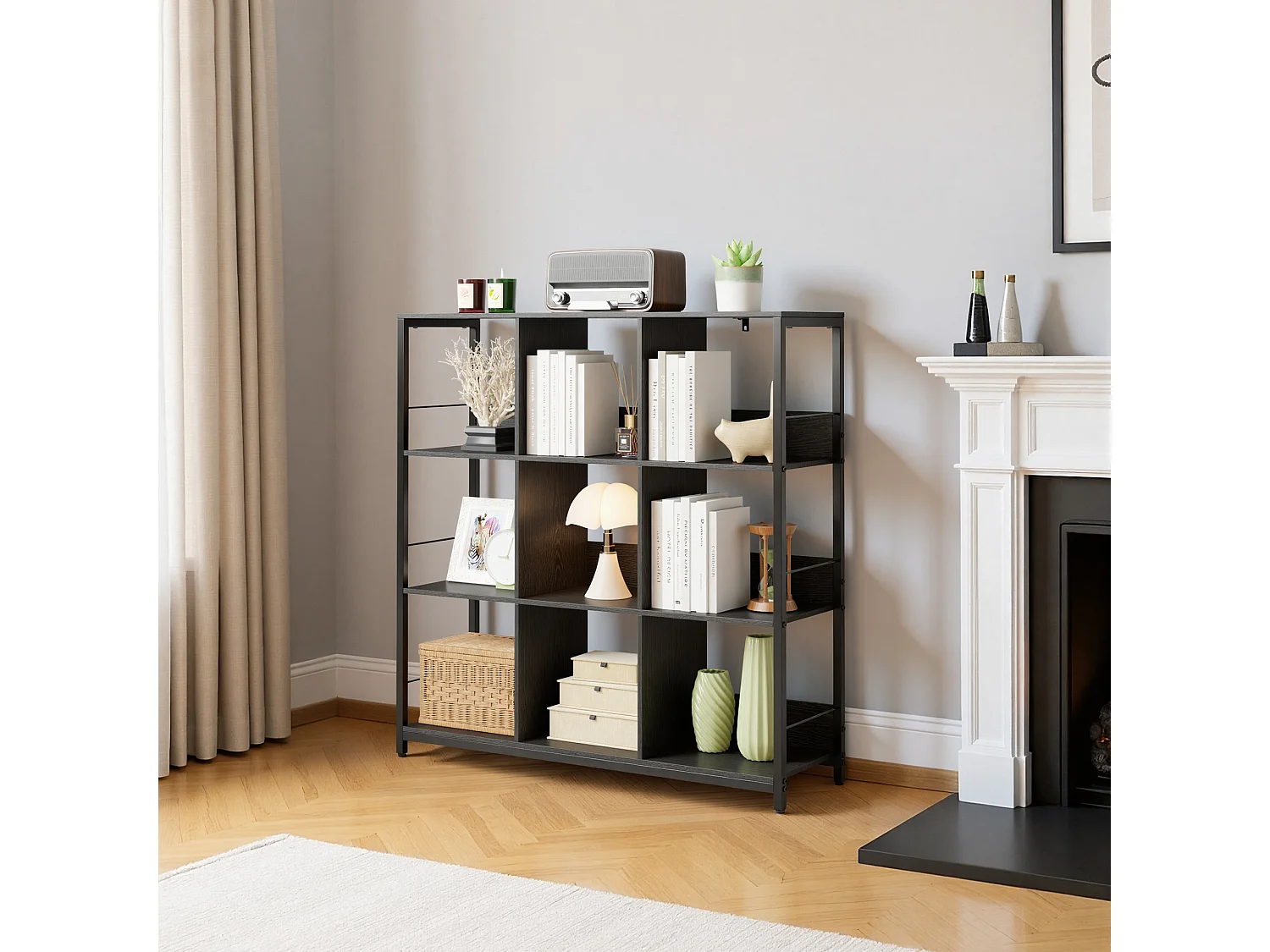 Bibliothèque Séparation 9 Cases Imitation Chêne Et Acier Noir