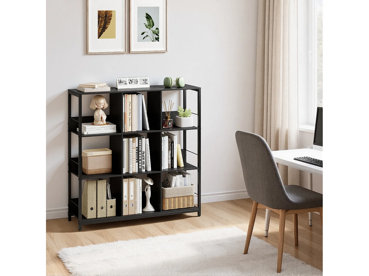 Bibliothèque Séparation 9 Cases Imitation Chêne Et Acier Noir