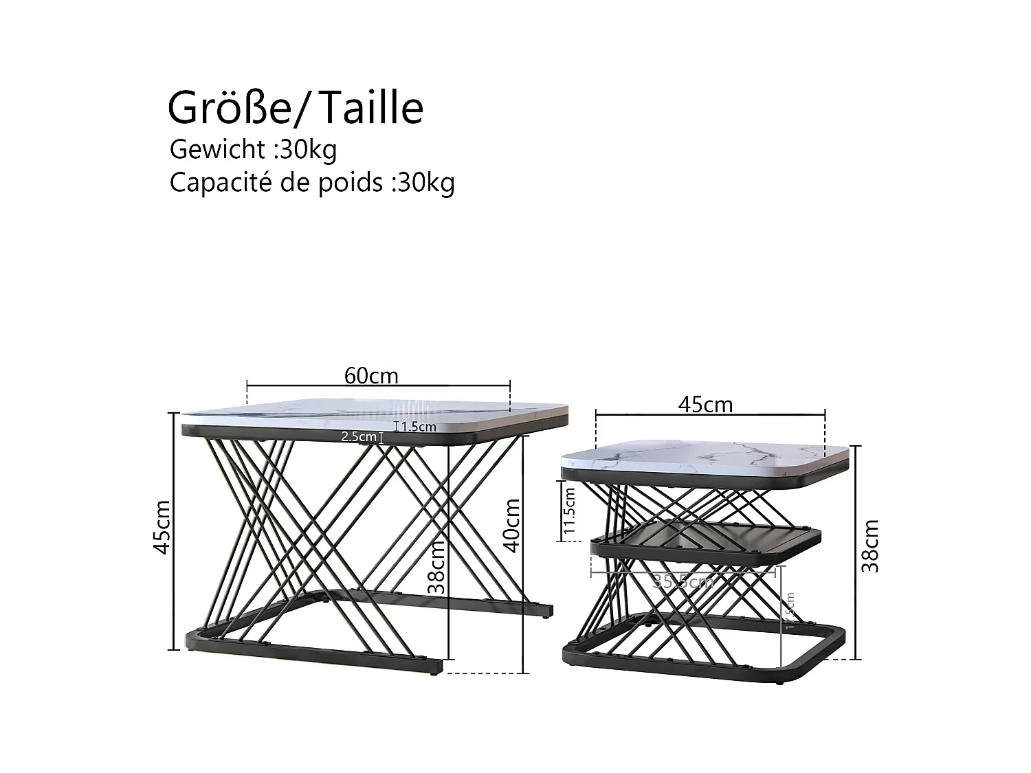 Lot de 2 Tables Basses gigognes, Carrées Table d'appoint, noir