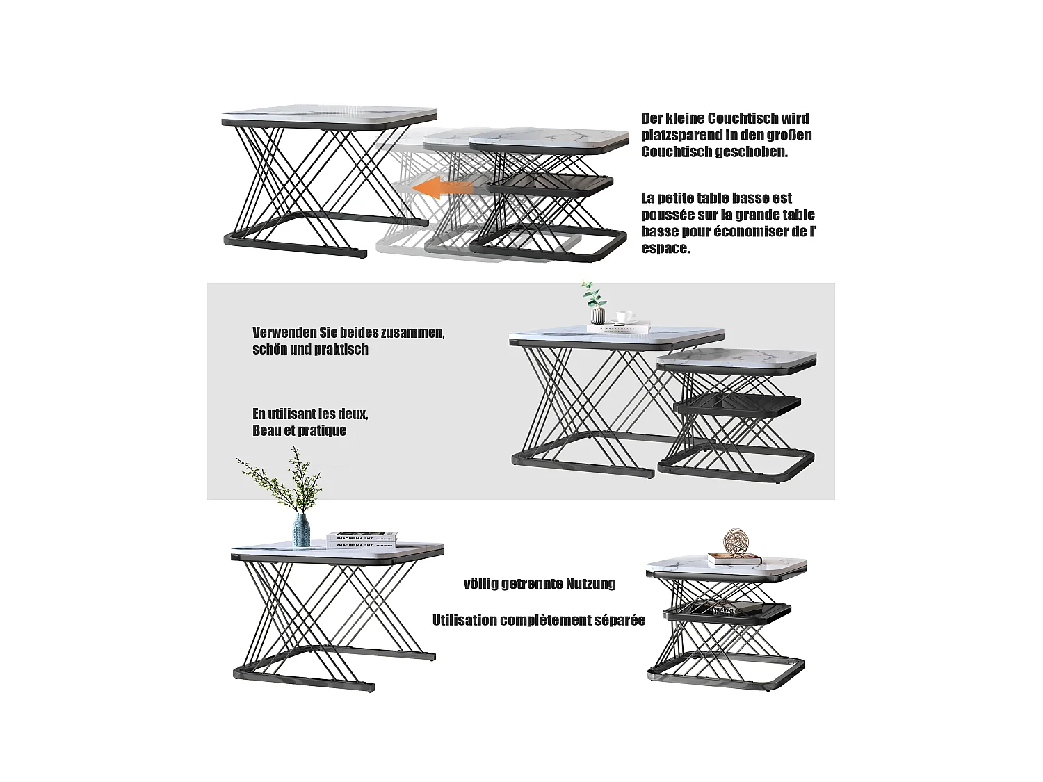 Lot de 2 Tables Basses gigognes, Carrées Table d'appoint, noir