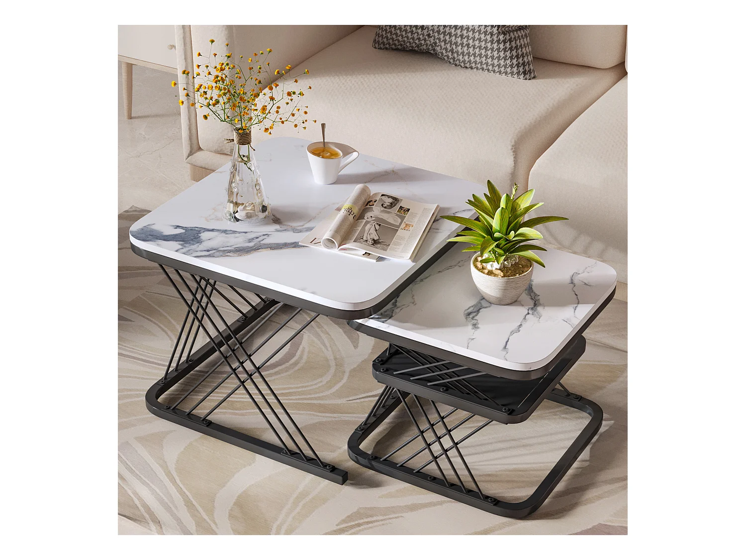 Set van 2 in elkaar passende salontafels, vierkante bijzettafel, zwart