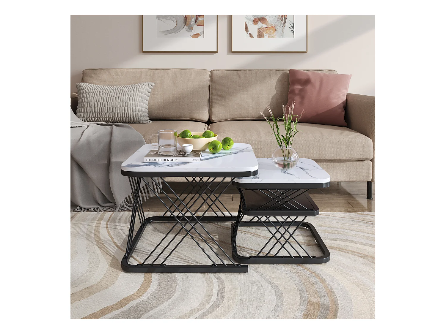 2er-Set Couchtische, quadratischer Beistelltisch, Schwarz