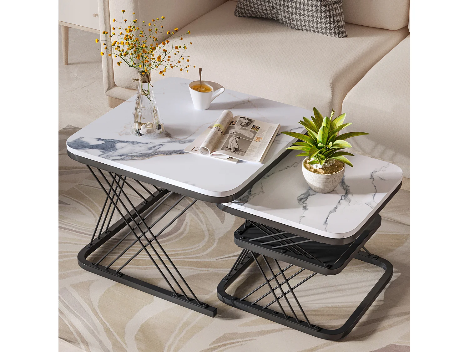 Lot de 2 Tables Basses gigognes, Carrées Table d'appoint, noir