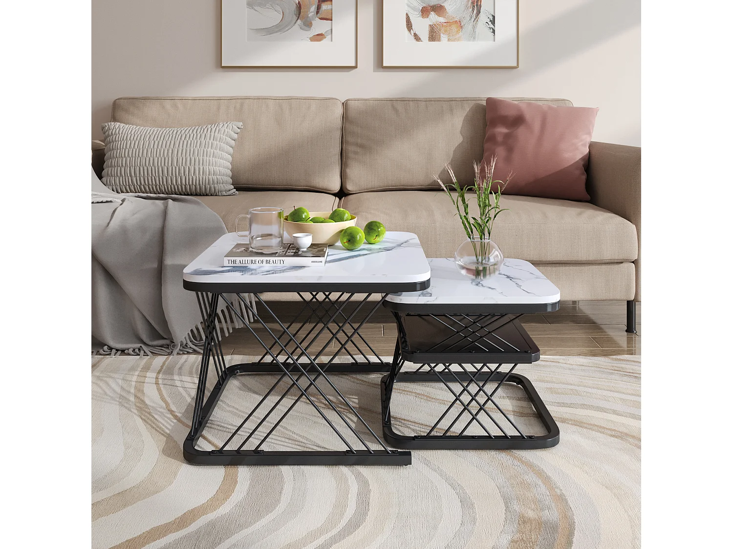 Lot de 2 Tables Basses gigognes, Carrées Table d'appoint, noir