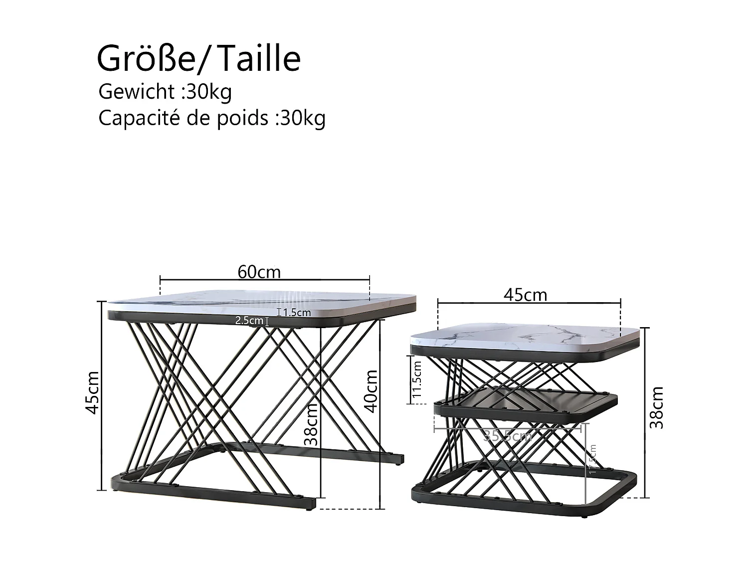 Lot de 2 Tables Basses gigognes, Carrées Table d'appoint, noir