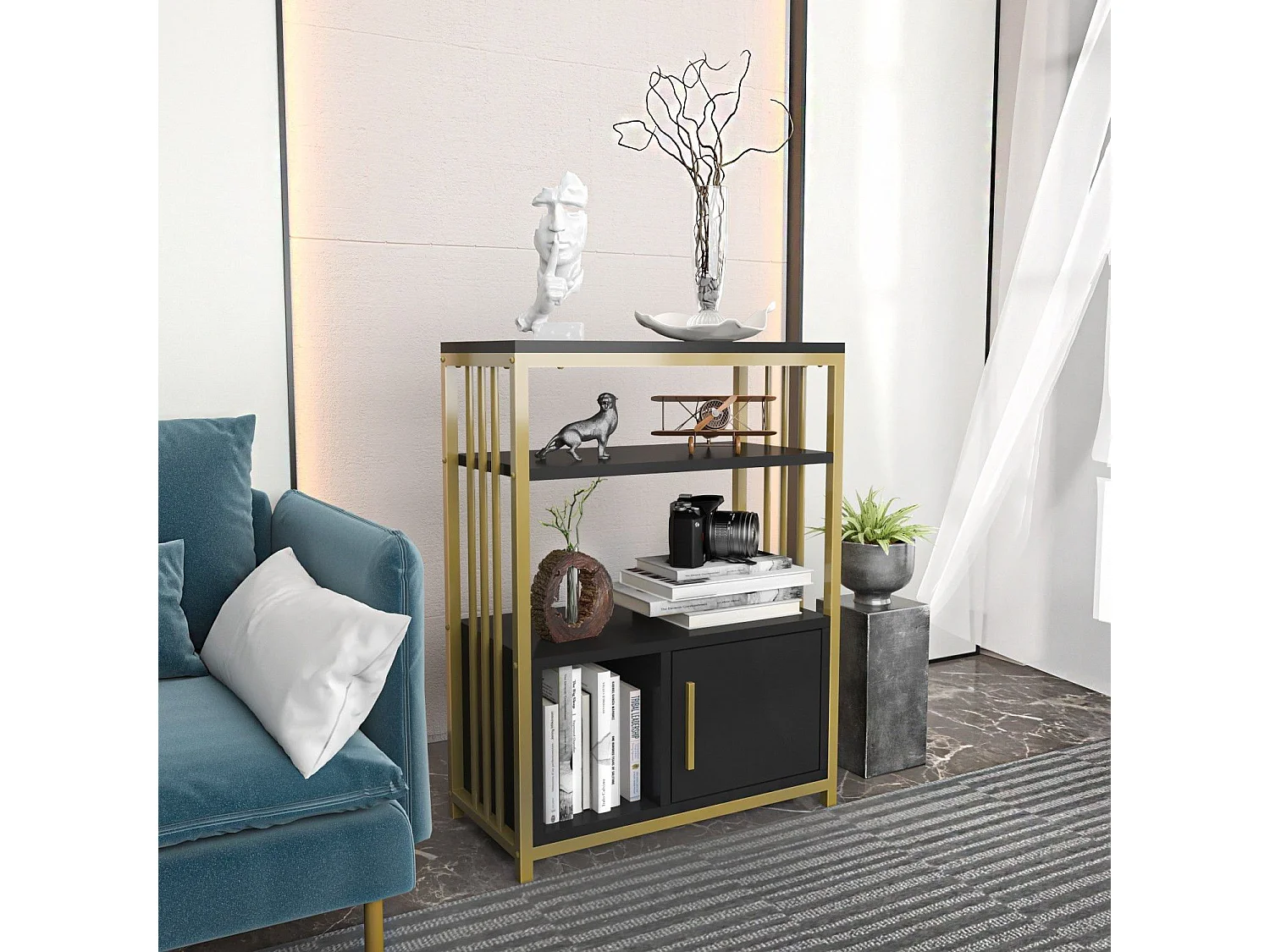 Elegante antraciet-gouden boekenkast, 60 x 80 x 29,6 cm | 100% melamine-gecoate spaanplaat, 18 mm dik | Perfect voor moderne woon- en opberg