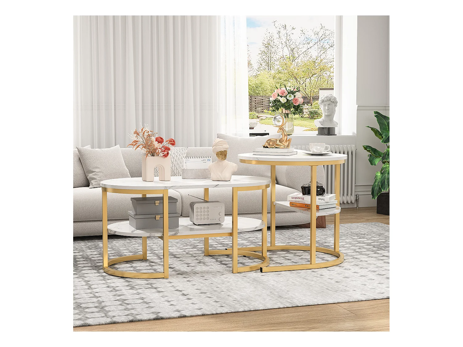 Tables Basses Gigognes Lot de 2, Table Gigogne Design Marbre, Cadre en Métal Doré