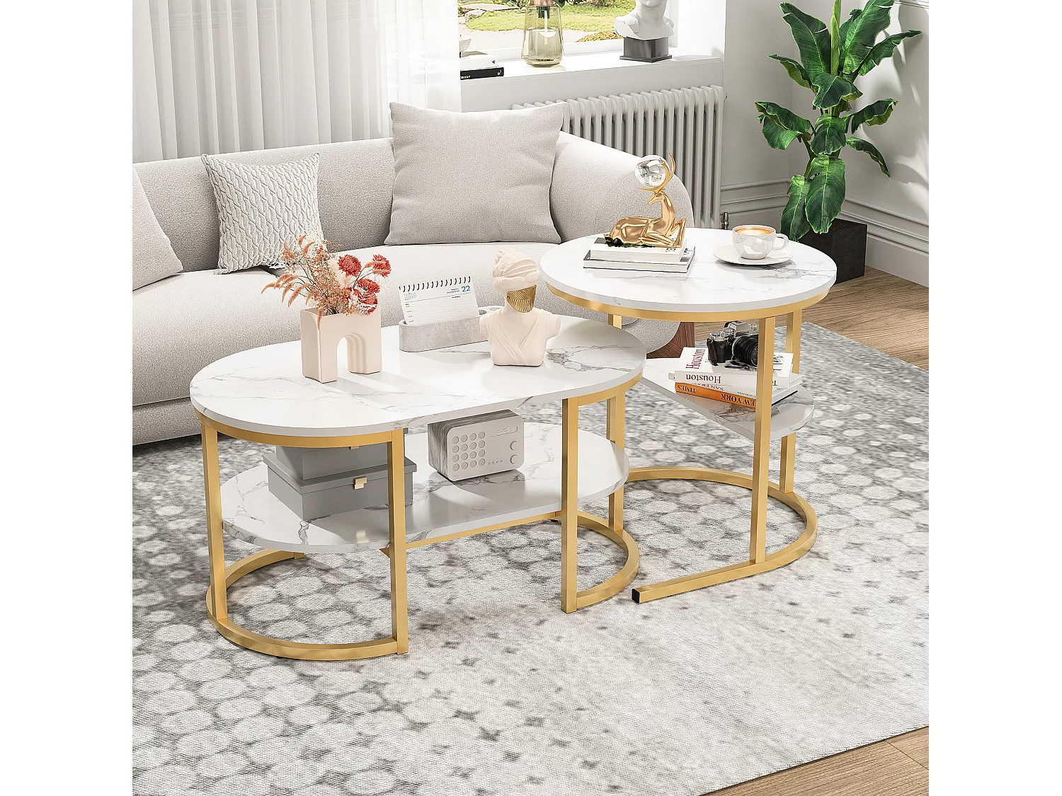 Satztische, 2er-Set, Satztisch im Marmordesign, goldfarbener Metallrahmen