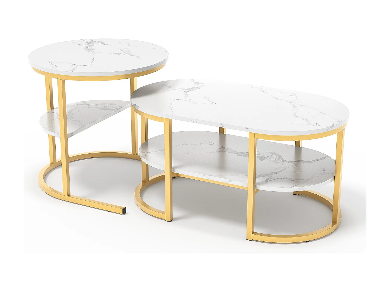 Satztische, 2er-Set, Satztisch im Marmordesign, goldfarbener Metallrahmen