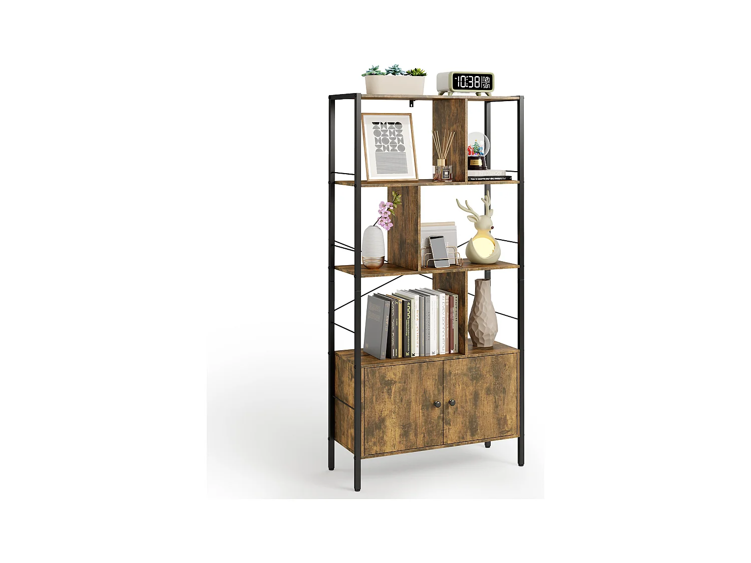 Bibliothèque 2 Portes Imitation Chêne Et Acier Marron