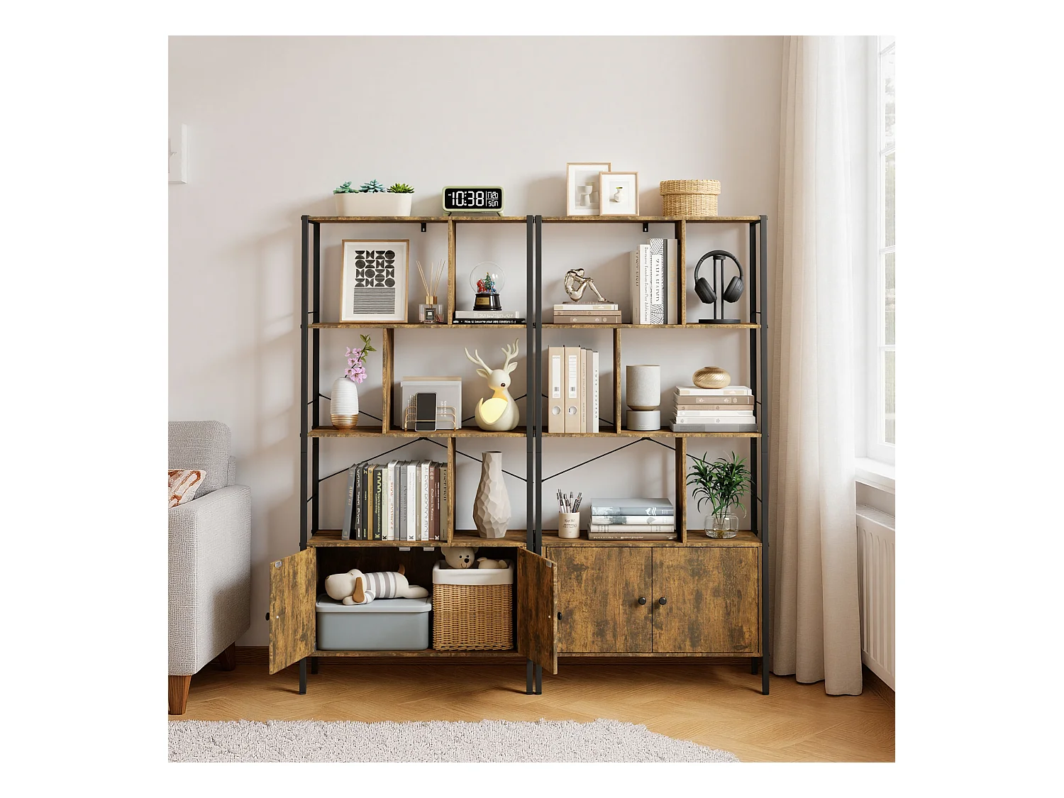 Bibliothèque 2 Portes Imitation Chêne Et Acier Marron