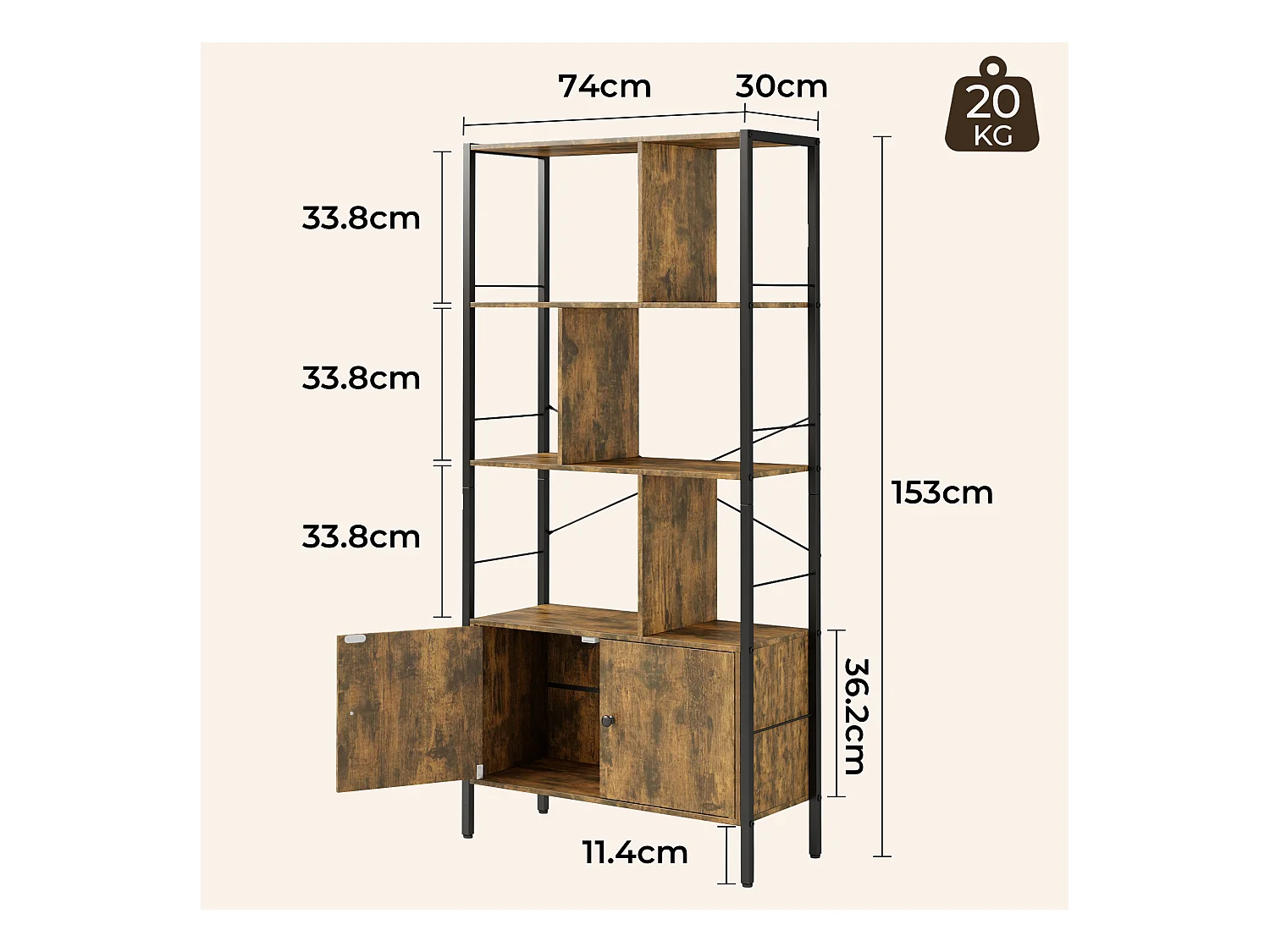 Bibliothèque 2 Portes Imitation Chêne Et Acier Marron