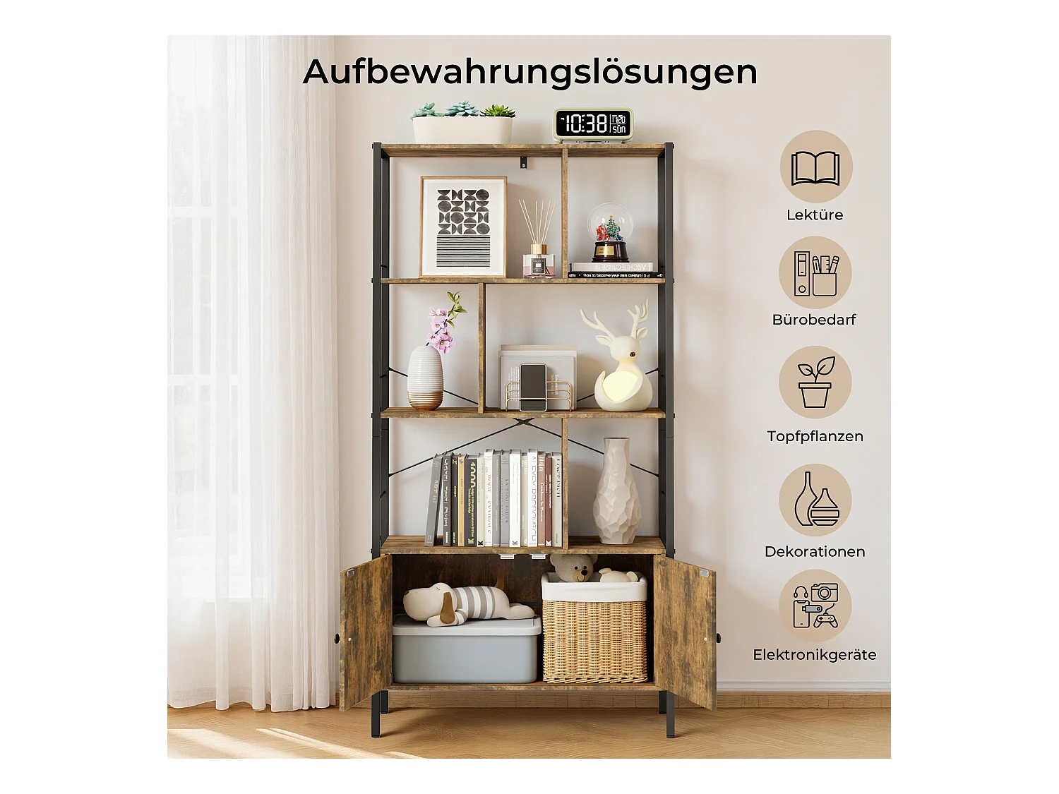 Bibliothèque 2 Portes Imitation Chêne Et Acier Marron