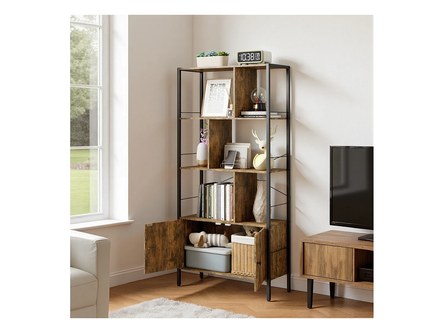 Bibliothèque 2 Portes Imitation Chêne Et Acier Marron