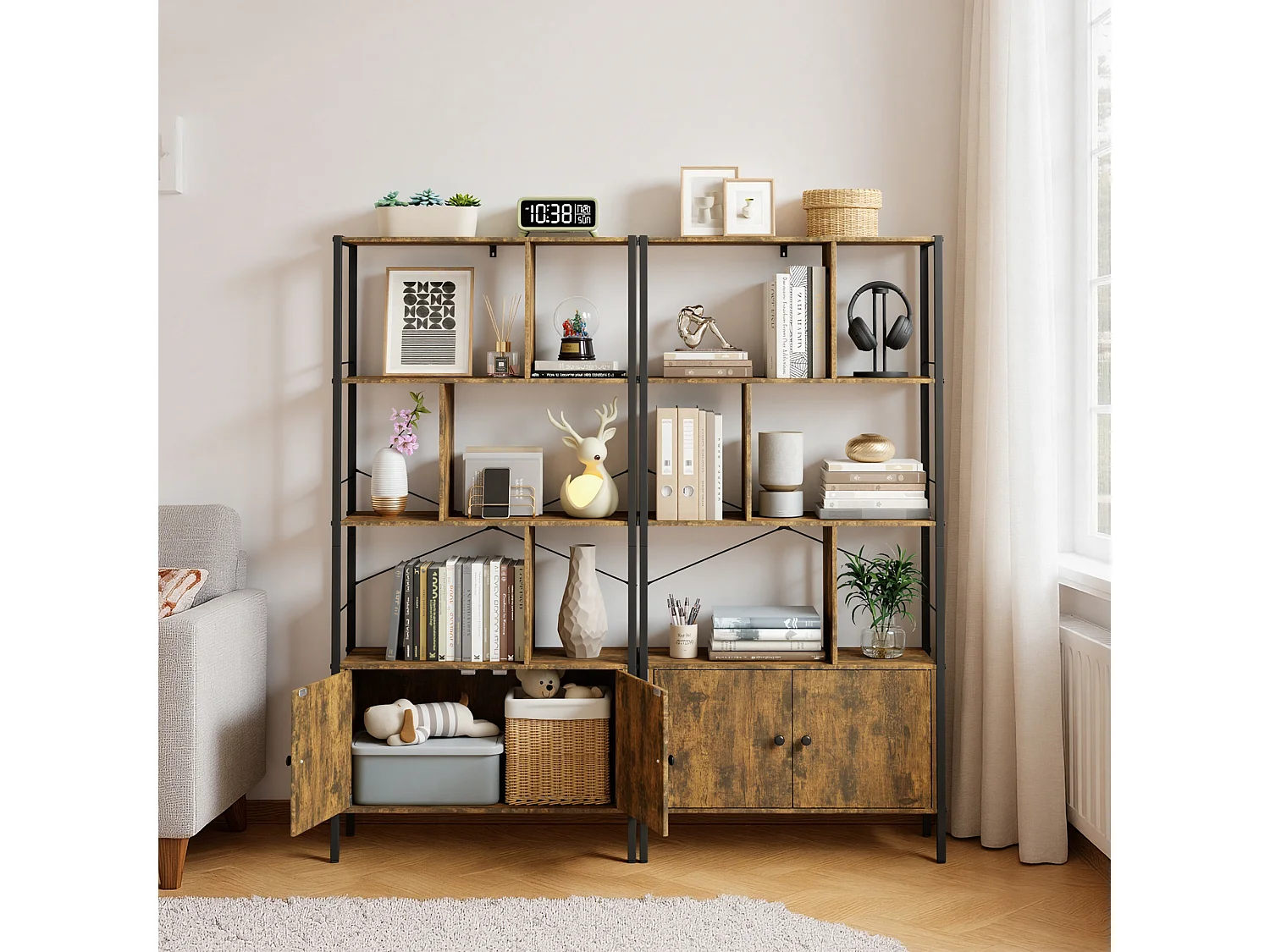 Bibliothèque 2 Portes Imitation Chêne Et Acier Marron