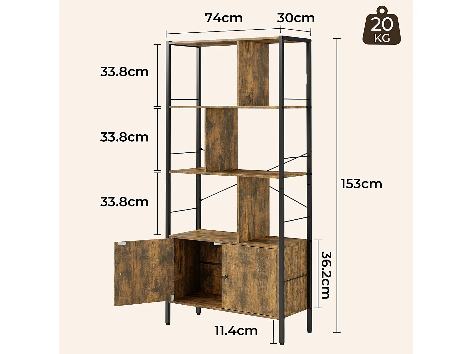 Bibliothèque 2 Portes Imitation Chêne Et Acier Marron