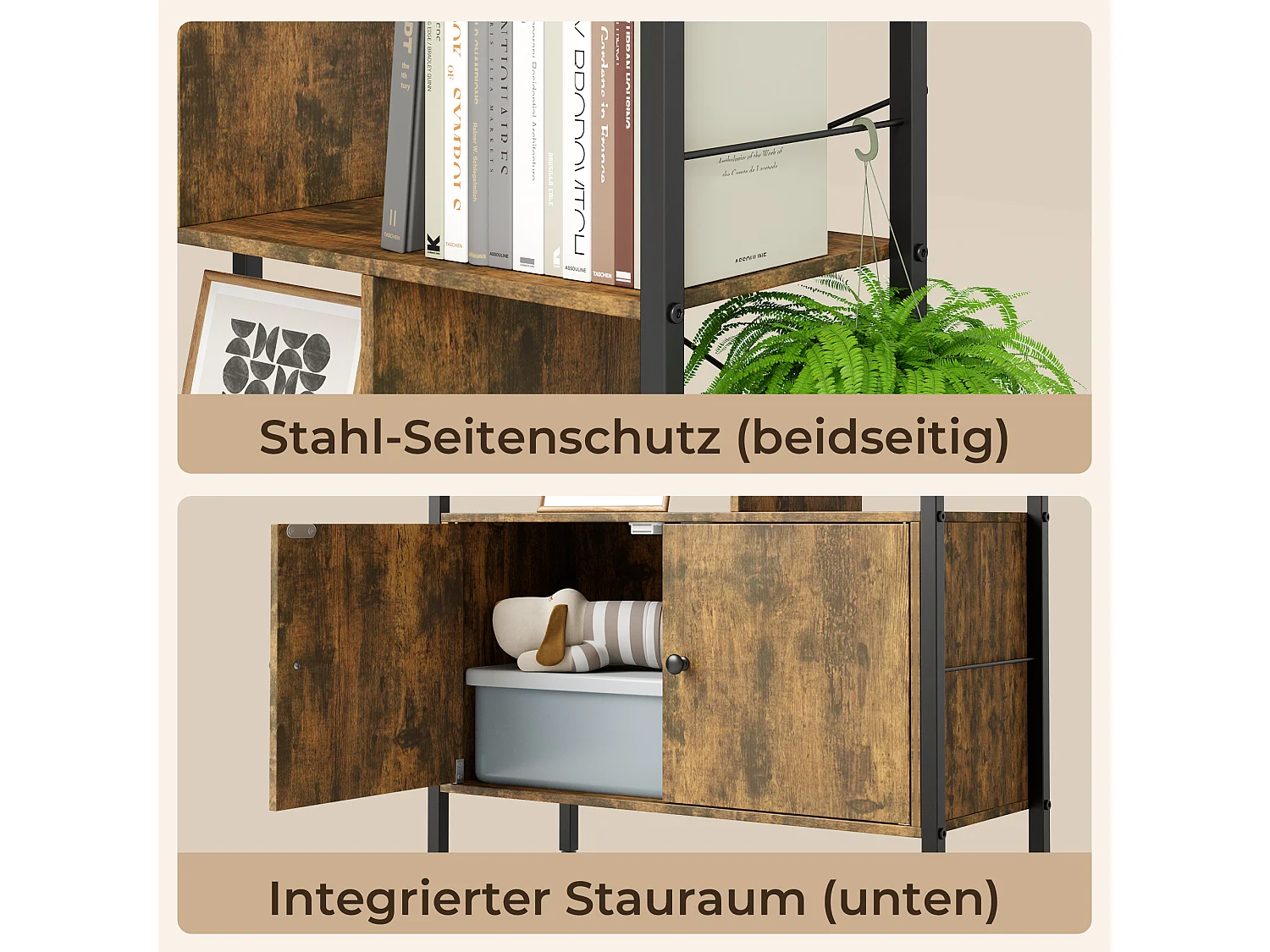 Bibliothèque 2 Portes Imitation Chêne Et Acier Marron