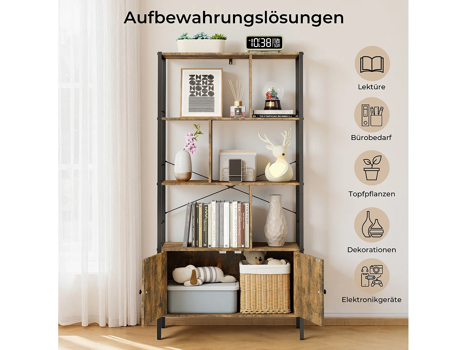 Bibliothèque 2 Portes Imitation Chêne Et Acier Marron