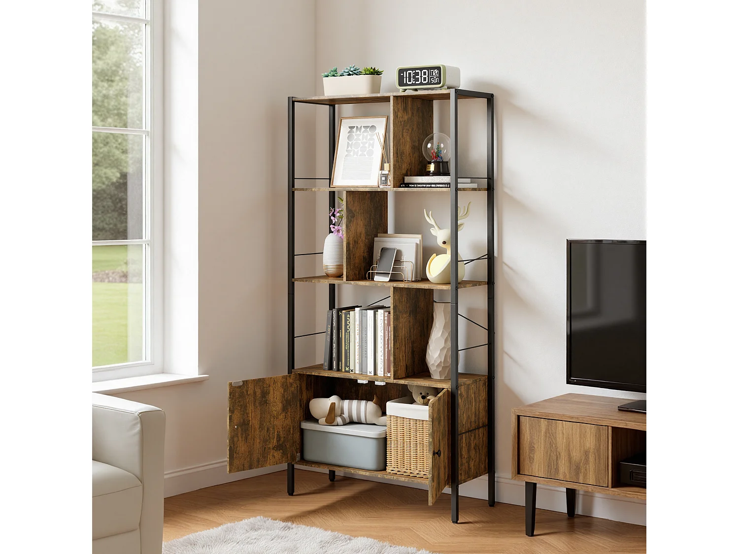 Bibliothèque 2 Portes Imitation Chêne Et Acier Marron