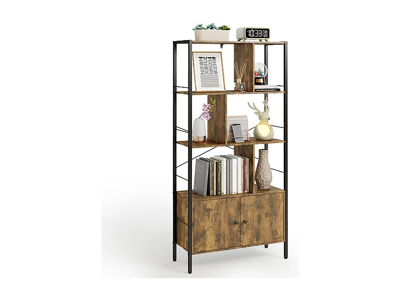 Bibliothèque 2 Portes Imitation Chêne Et Acier Marron