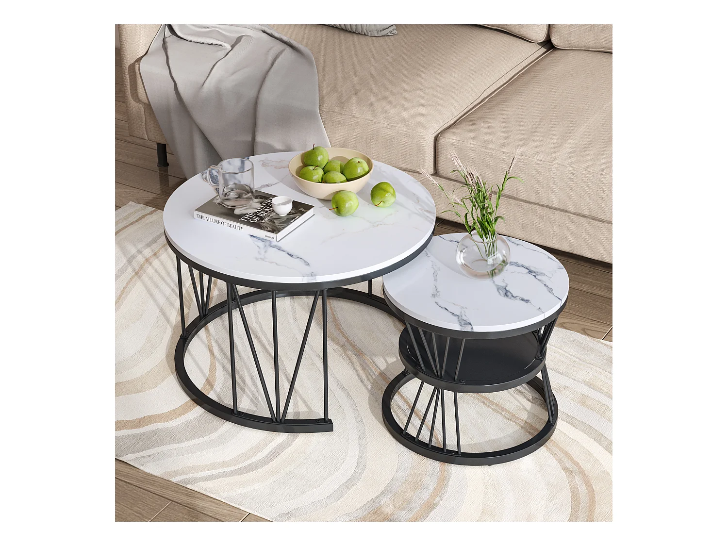 Table Basse Salon Gigogne, Placage en Marbre, Structure en Métal, Noir et Blanc