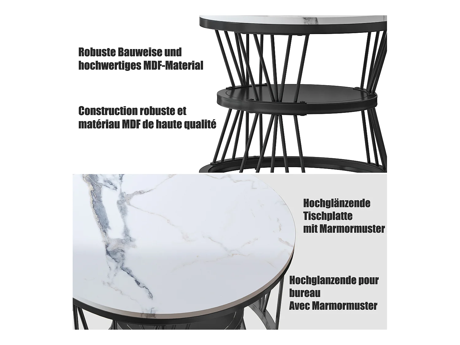 Satztisch, Marmorfurnier, Metallrahmen, Schwarz und Weiß