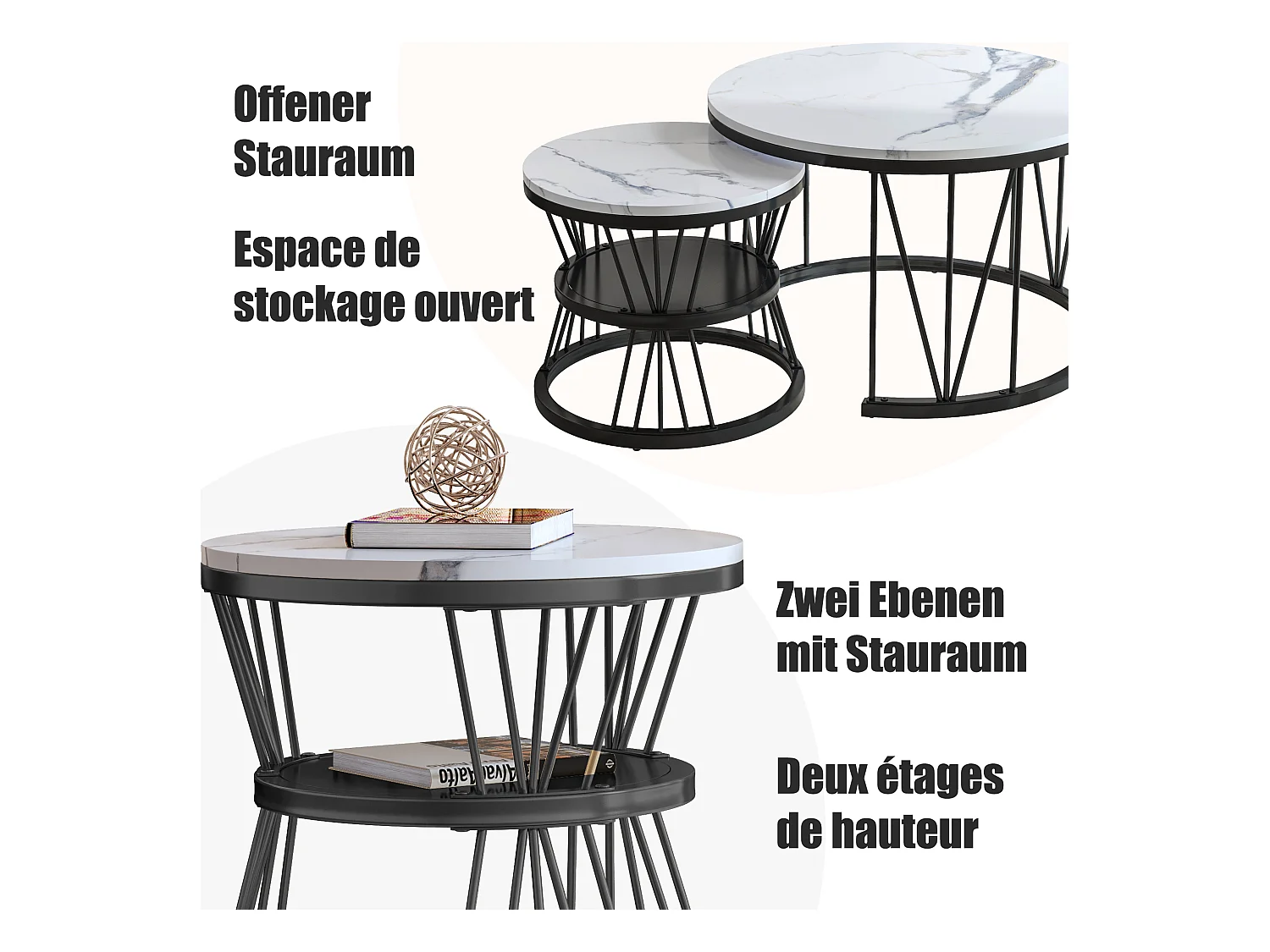 Satztisch, Marmorfurnier, Metallrahmen, Schwarz und Weiß