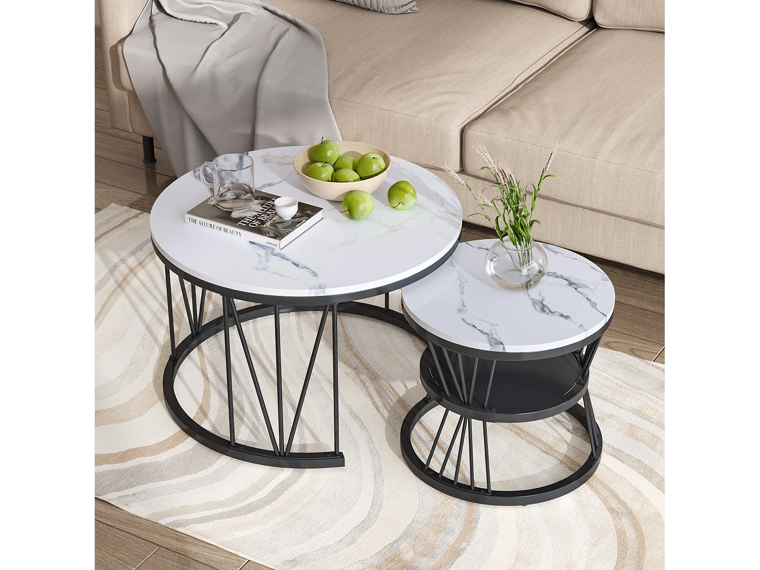 Salontafel in nestelstand, marmerfineer, metalen frame, zwart en wit