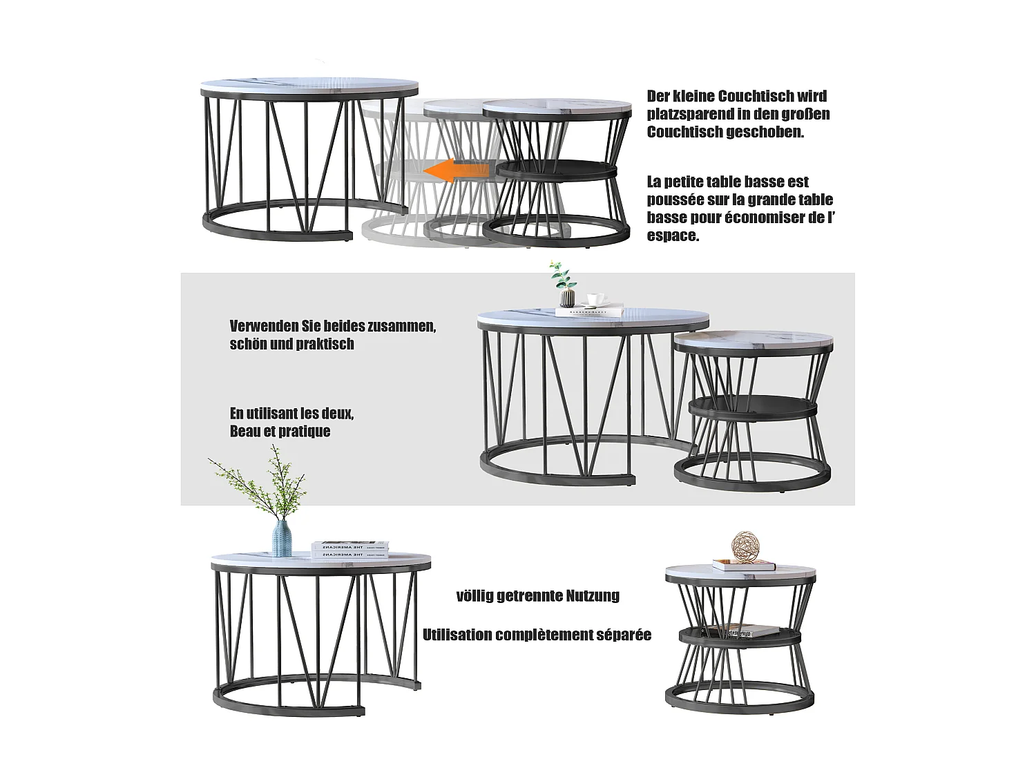Salontafel in nestelstand, marmerfineer, metalen frame, zwart en wit