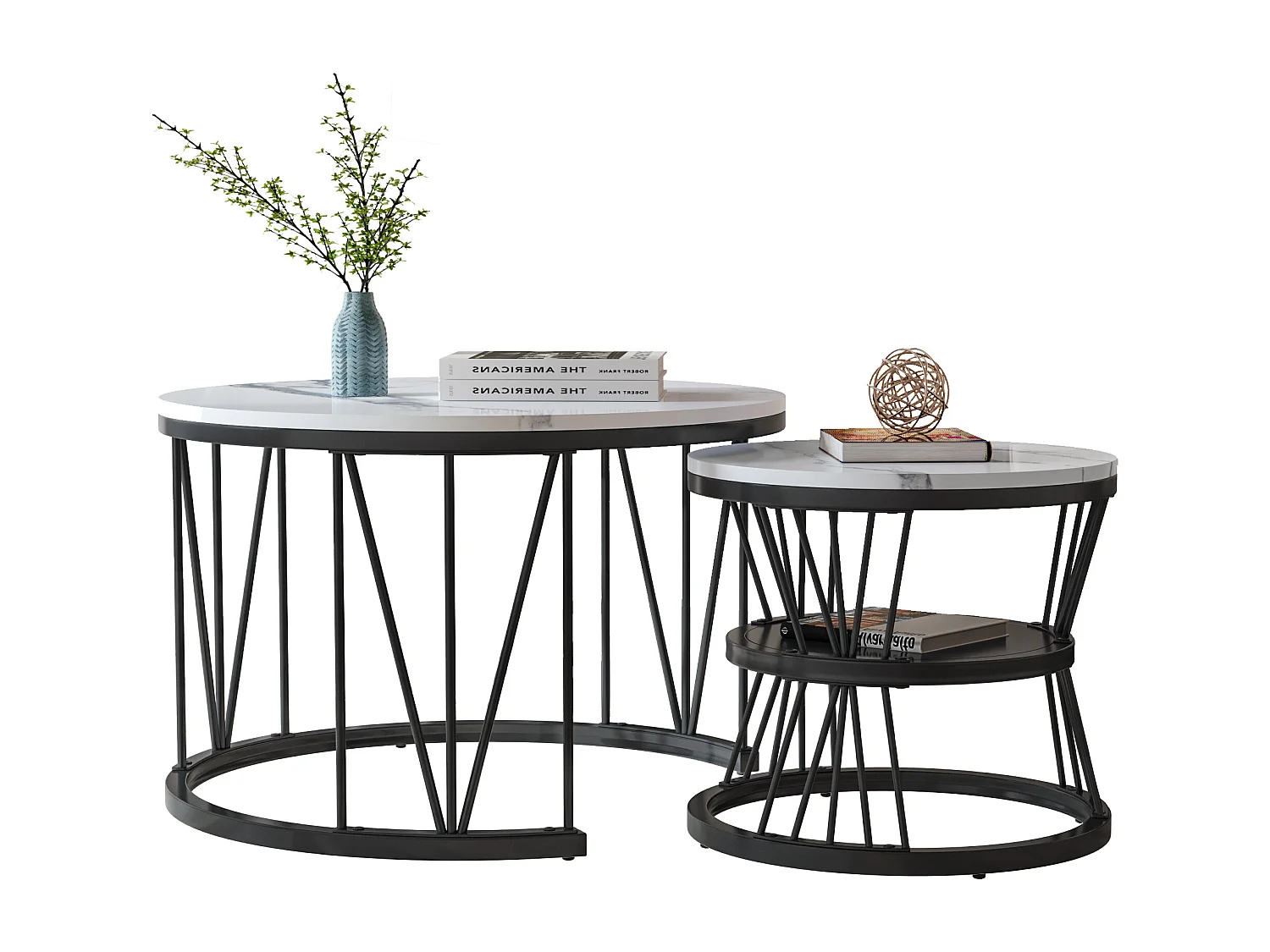 Salontafel in nestelstand, marmerfineer, metalen frame, zwart en wit