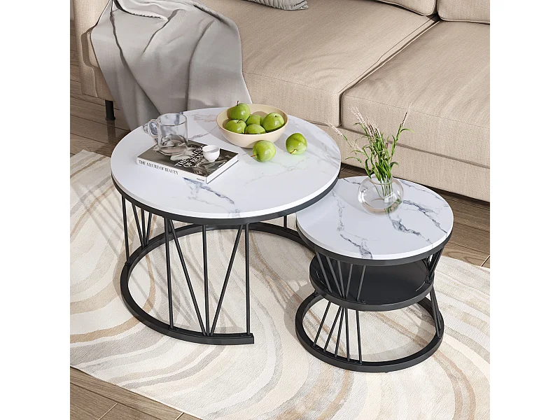 Salontafel in nestelstand, marmerfineer, metalen frame, zwart en wit