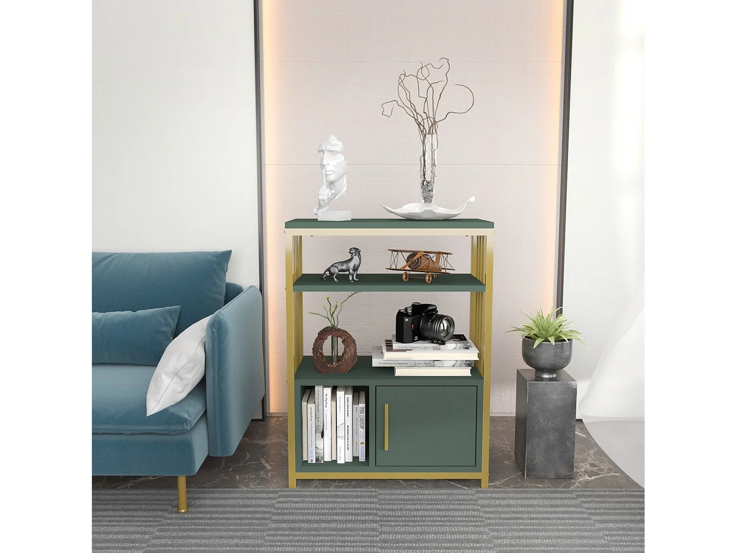 Elegantes Bücherregal in Grün und Gold, 60 x 80 x 29,6 cm | 100 % melaminbeschichtete Spanplatte, 18 mm dick | Stilvolle Aufbewahrung für mo