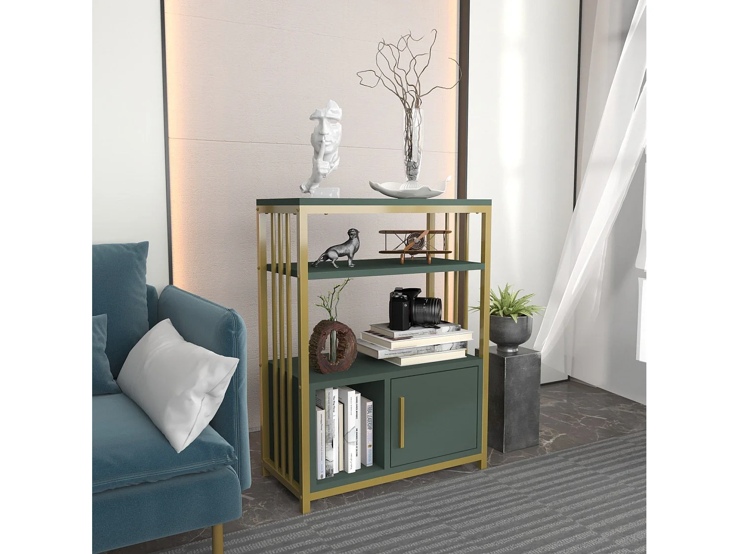 Elegantes Bücherregal in Grün und Gold, 60 x 80 x 29,6 cm | 100 % melaminbeschichtete Spanplatte, 18 mm dick | Stilvolle Aufbewahrung für mo