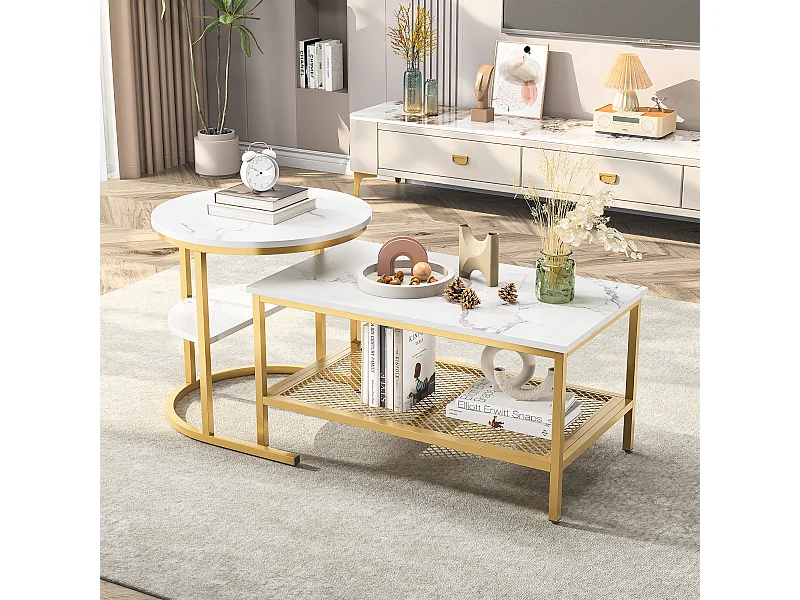 Satztische, 2er-Set, Satztisch im Marmordesign, goldfarbener Metallrahmen