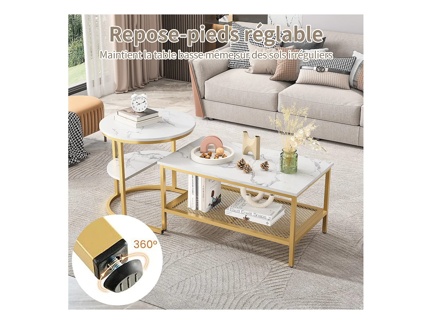 Tables Basses Gigognes Lot de 2, Table Gigogne Design Marbre, Cadre en Métal Doré